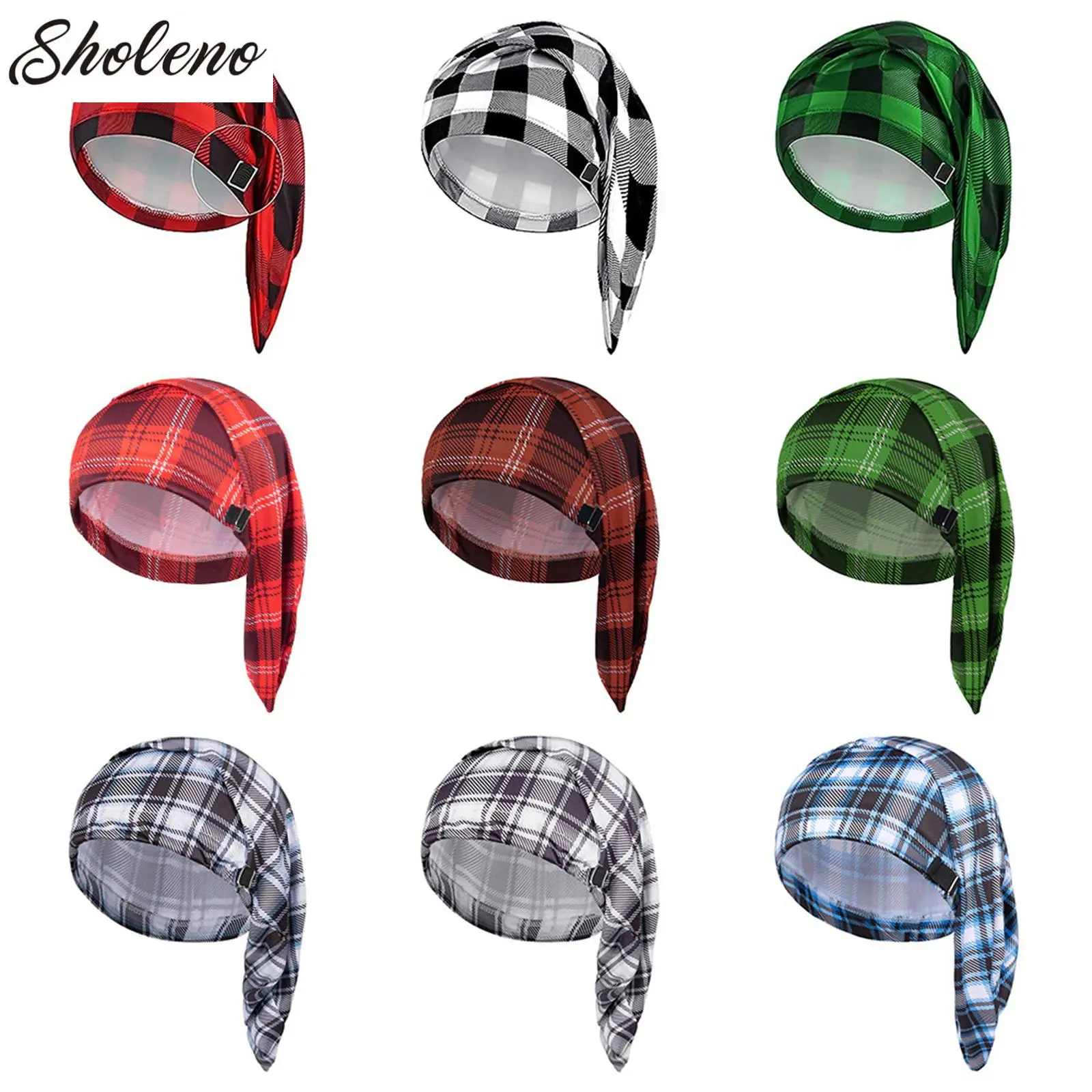 Mens adjustable plaid sleeping night stocking cap hat with pom ball unisex Halloween Christmas elf dwarf hat for party carnivals