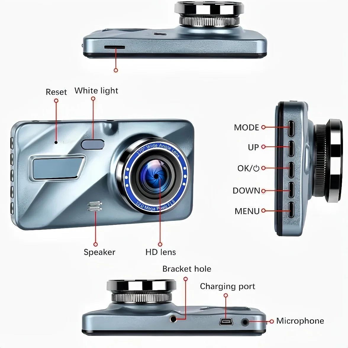 Caméra Action DAINU 1080P avec Double Objectif et Batterie Intégrée, vue arrière montrant le bouton d'alimentation