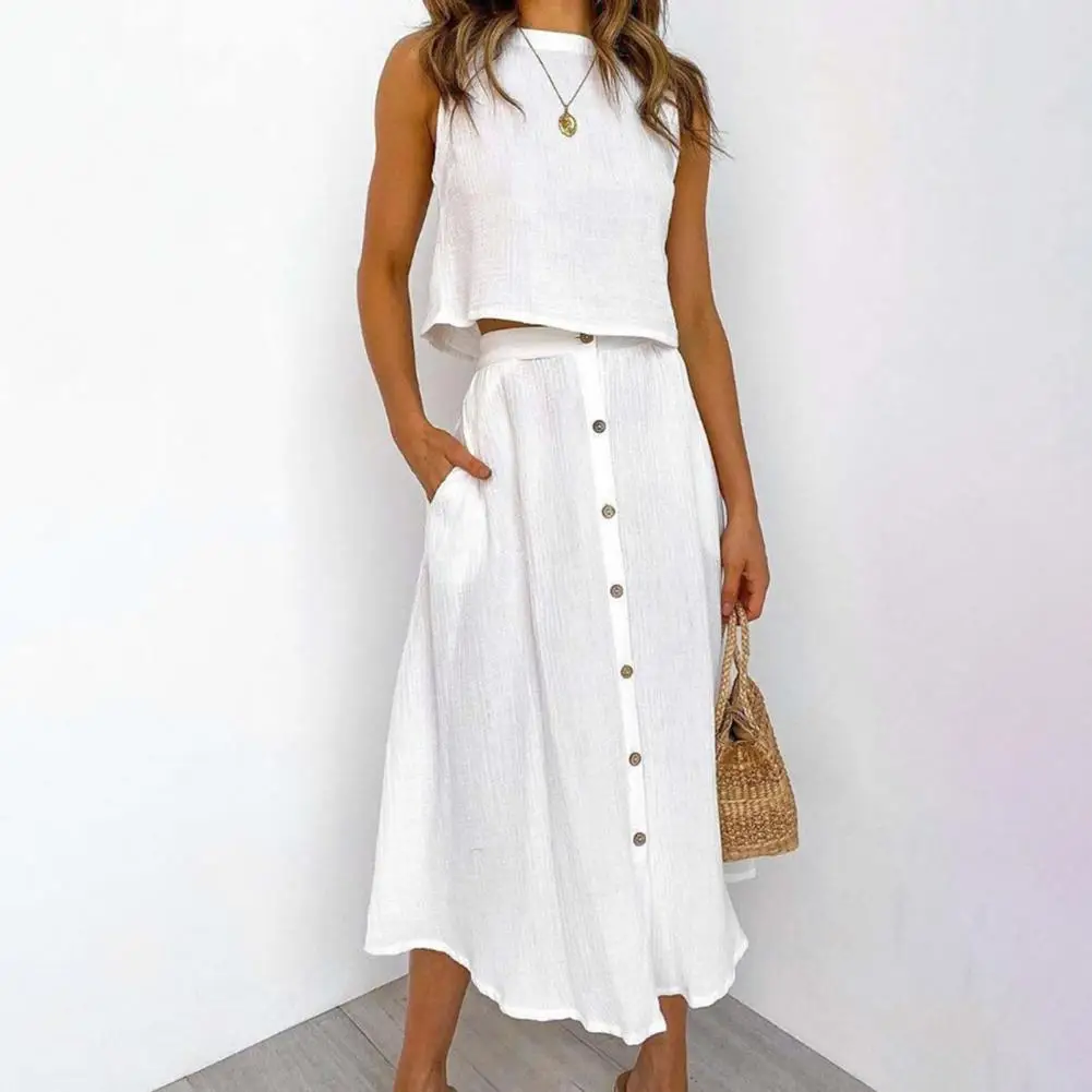 Women Suit Sexy Crop Vest Top Casual Midi Skirt Set Crew Neck Side Pockets Single Breasted Casual Outfit ensemble femme 2 pièces