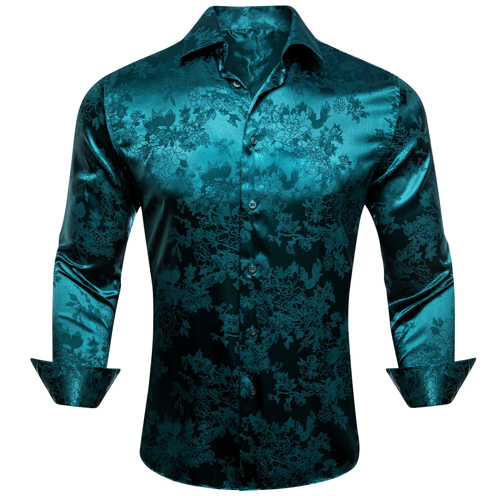 Luxury Shirts for Men Silk Long Sleeve peacock blue Flower Slim Fit Male Blouese Casual Tops Formal Breathable Barry Wang
