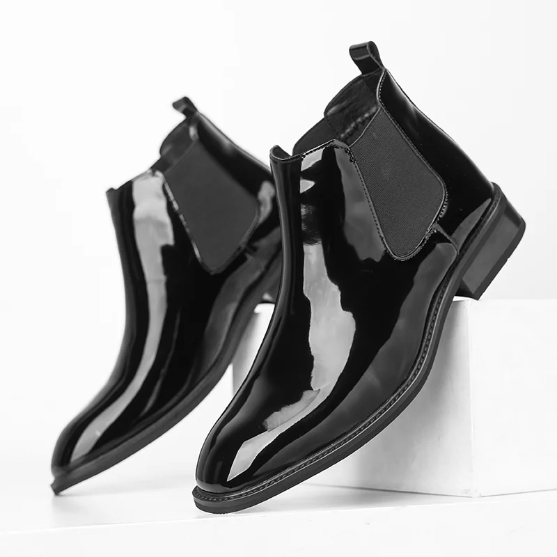 Chelsea Boots for Men Patent Leather Black Buckle Ankle Round Toe Business Classic Handmade Men Short Boots Botas De Hombre