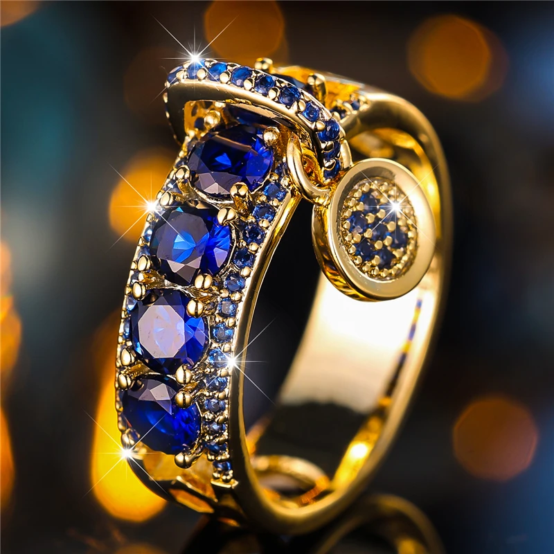 Luxury Female Blue Round Zircon Stone Engagement Ring Yellow Gold Color Wedding Jewelry For Women