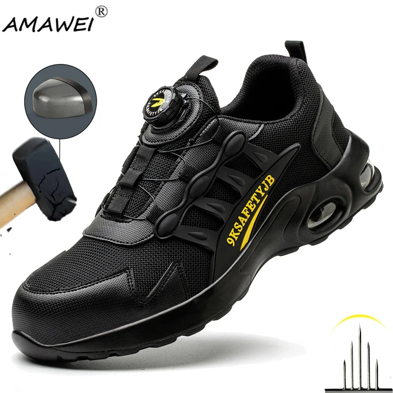 

AMAWEI Rotary Buckle Work Boots For Men Safety Steel Toe Shoes Breathable Indestructible Shoes Puncture-Proof Work Shoes Unisex