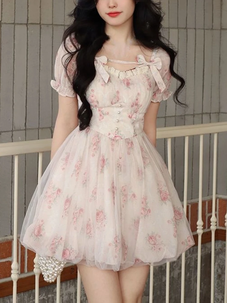 【お気にいる】 Summer Floral Sweet Mini Dress Women Print French Elegant Clothing