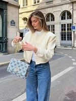TRAF 2023 Woman Bomber Jacket White Autumn Winter Button Cropped Jackets for Women Fashion Long Sleeve Crop Outerwear 2