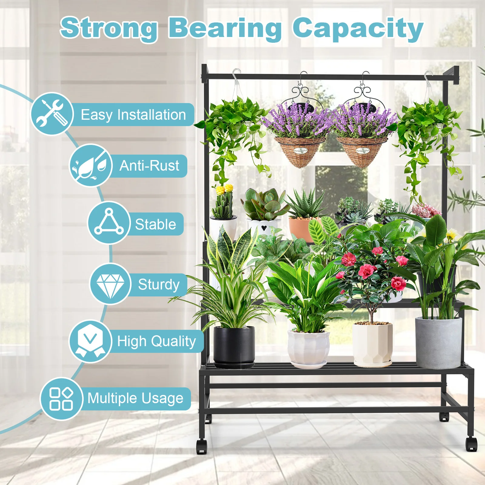 Plant Stand 3-tier Ladder Hanging Shelf Holder Storage Pot Rack With Wheels For Living Room Garden