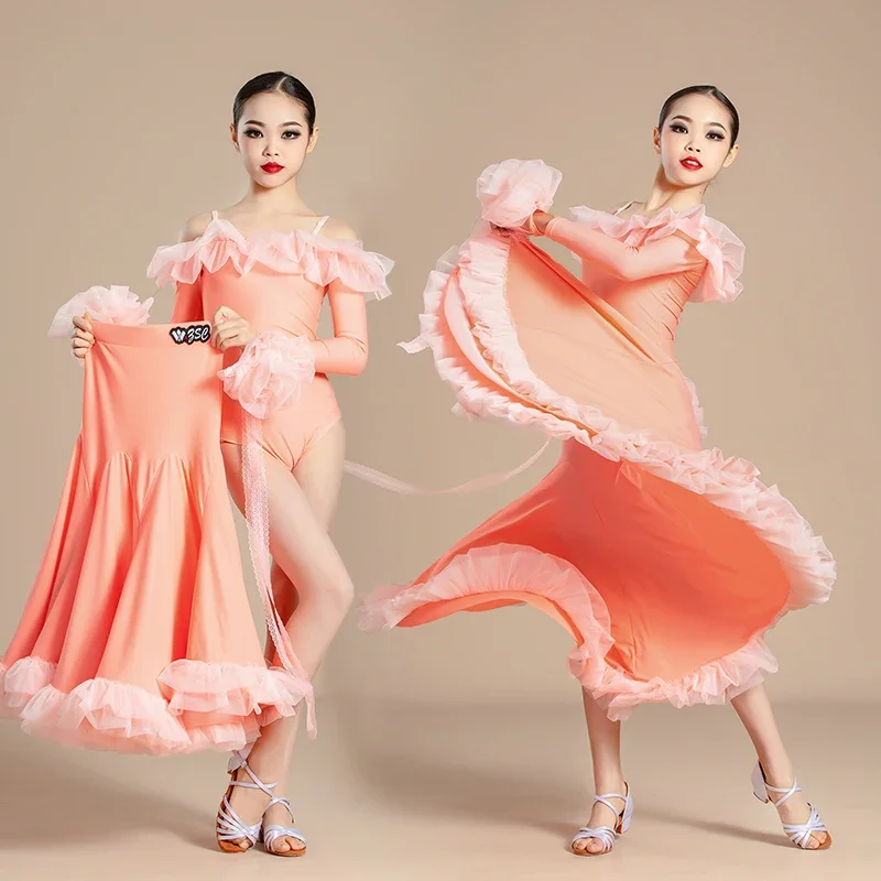 New Modern Dance Skirts National Standard Child Ballroom Dance Waltz Social Long Dresses Competition Performance Costume
