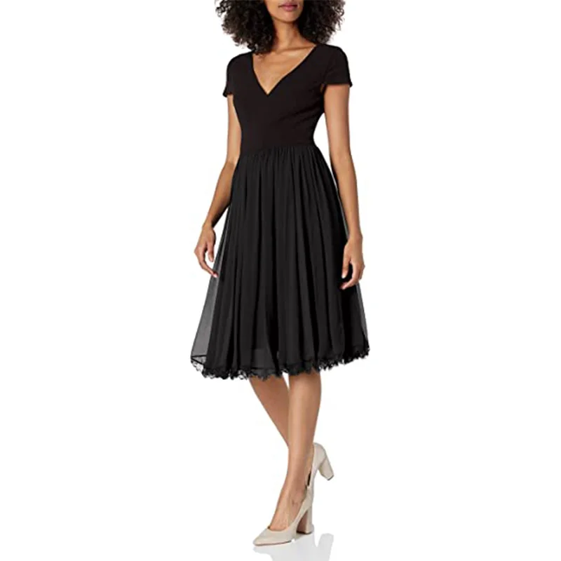 

Unique Blue Chiffon Midi Evening Dress Cap Sleeve A-line Ruffle V-neck Plus Size for Wedding Prom Cocktail Homecoming Graduation