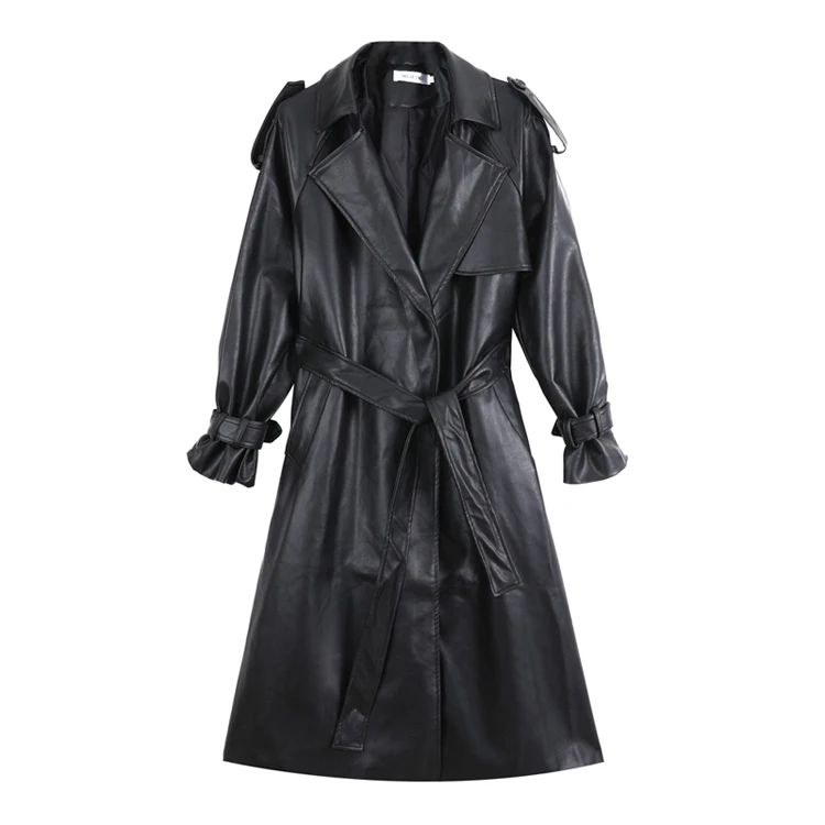 Fashion Brand New Women's Long PU Leather Trench Coat With Belt Lady Windbreaker Waterpoof Female Outerwear Spring Autumn Black puffy coats
