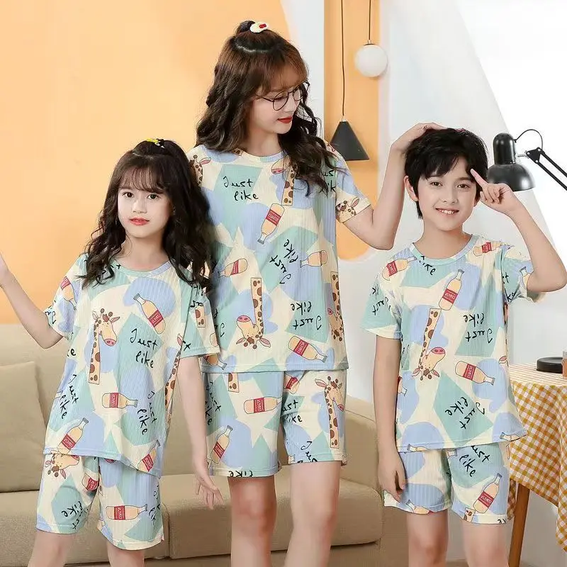 십대용 반팔 아이스 실크 파자마, 큰 아이들 옷 세트, 어린이 여아 수면복, 남아용 파자마 (8, 10, 12, 14, 15세)