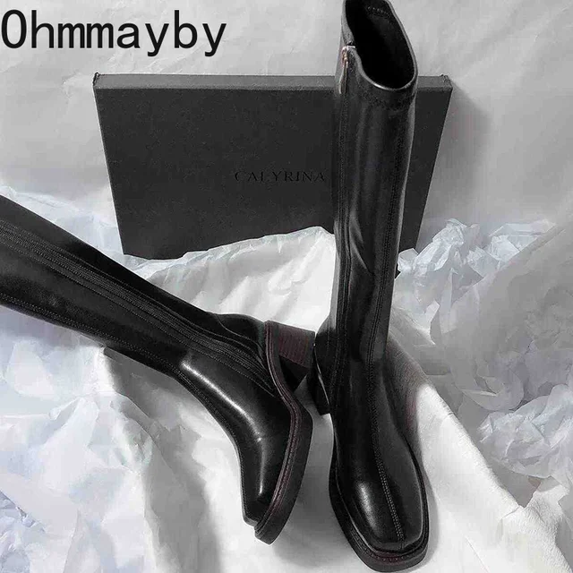 Vintage Thick Heel Women Knee High Boots Fashion Side Zippers Shoes Autumn Winter Ladies Concise Long Botas De Mujer 4