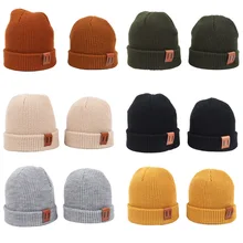 

Baby Knit Hat for Boys Girls Autumn Winter Warm Kids Beanie Newborn Baby Cap Adult Children Parent-Child Hats with Leather Label