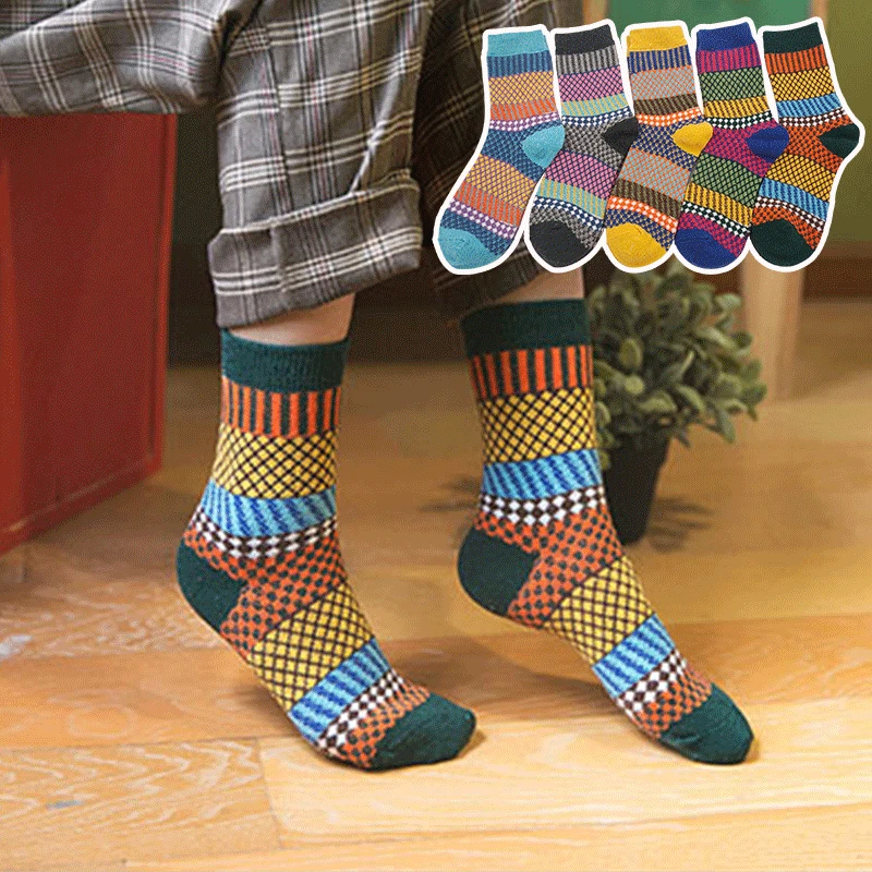 

5 Pairs Dropshipping Womens Wool Socks Thick Knit Vintage Winter Warm Cozy Crew Socks Gifts