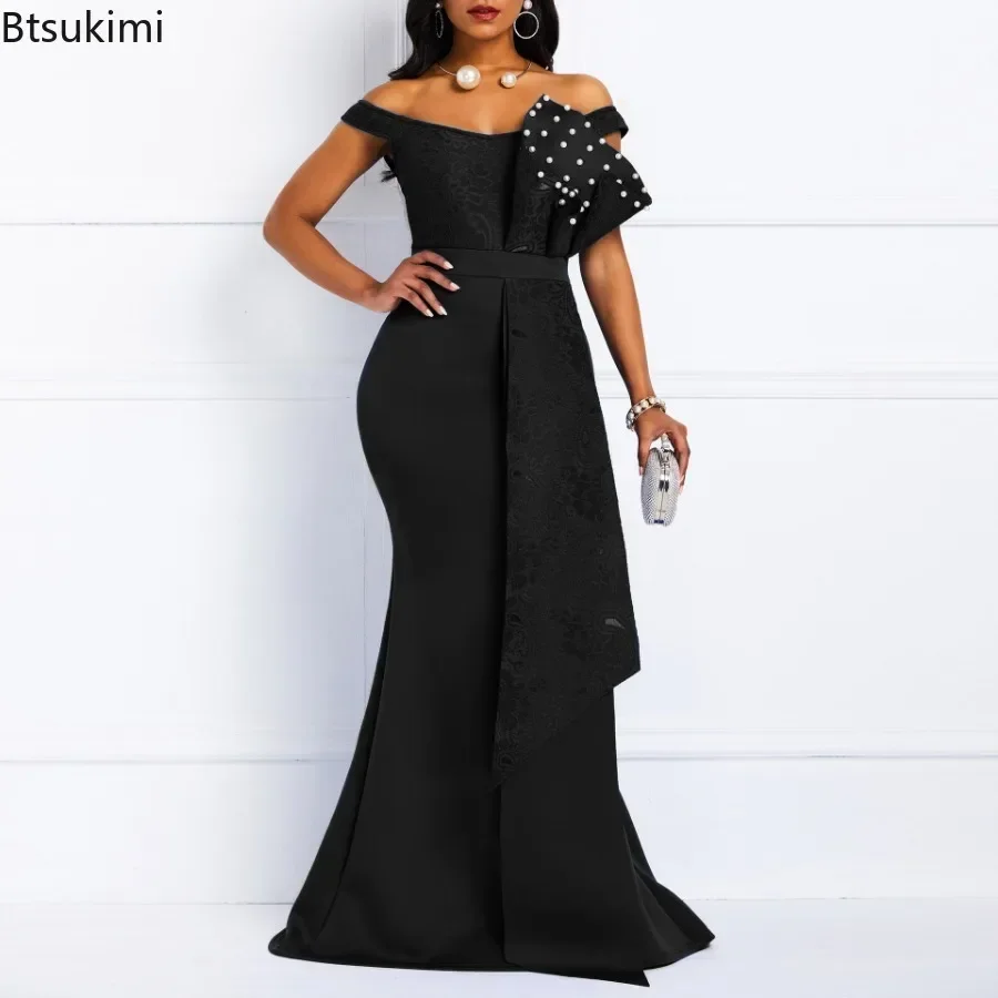 2024 Luxury Dresses Women Designers Beaded Off Shoulder Mermaid Skinny Prom Floor Length Evening Dinner Wedding Party Maxi Dress 2