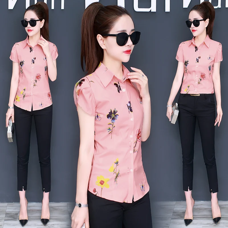 

Summer New Floral Women Shirts V-neck Turn-down Collar Short-sleeved Slim Office Lady Elegant Shirts Outwear Tops Plus Size