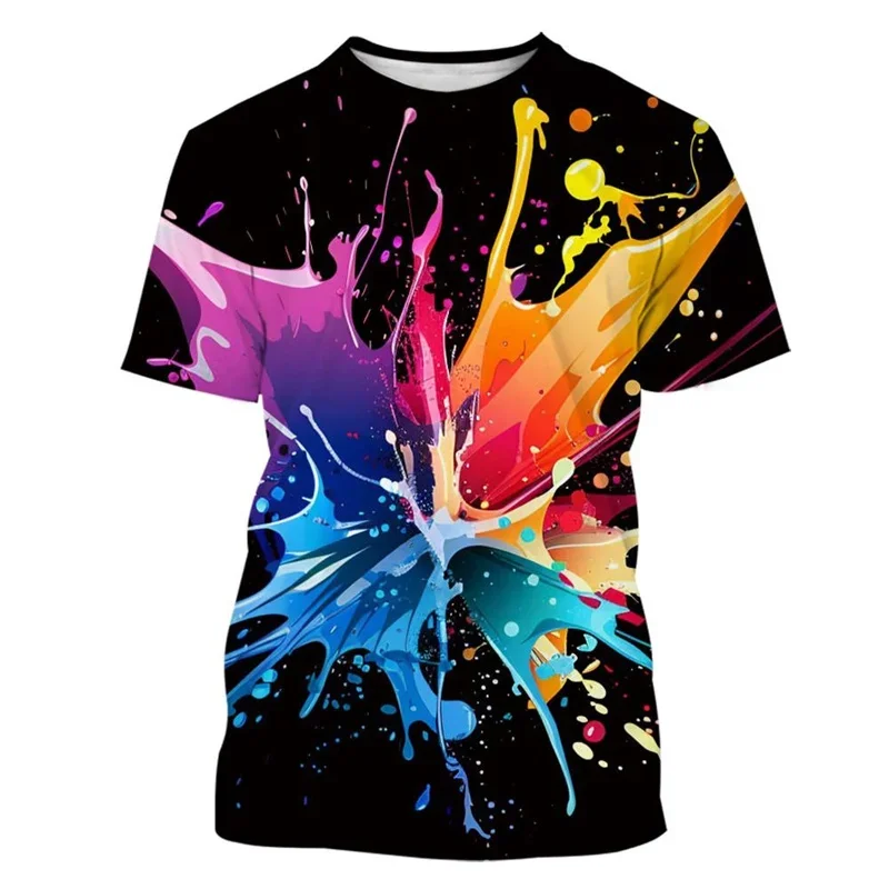 Colorful Splash-proof Paint Pattern T-shirt For Men, Fun And Cool 3D Printed T-shirts, Casual Summer Shorts, Loose Round-neck Sl_voghion.com
