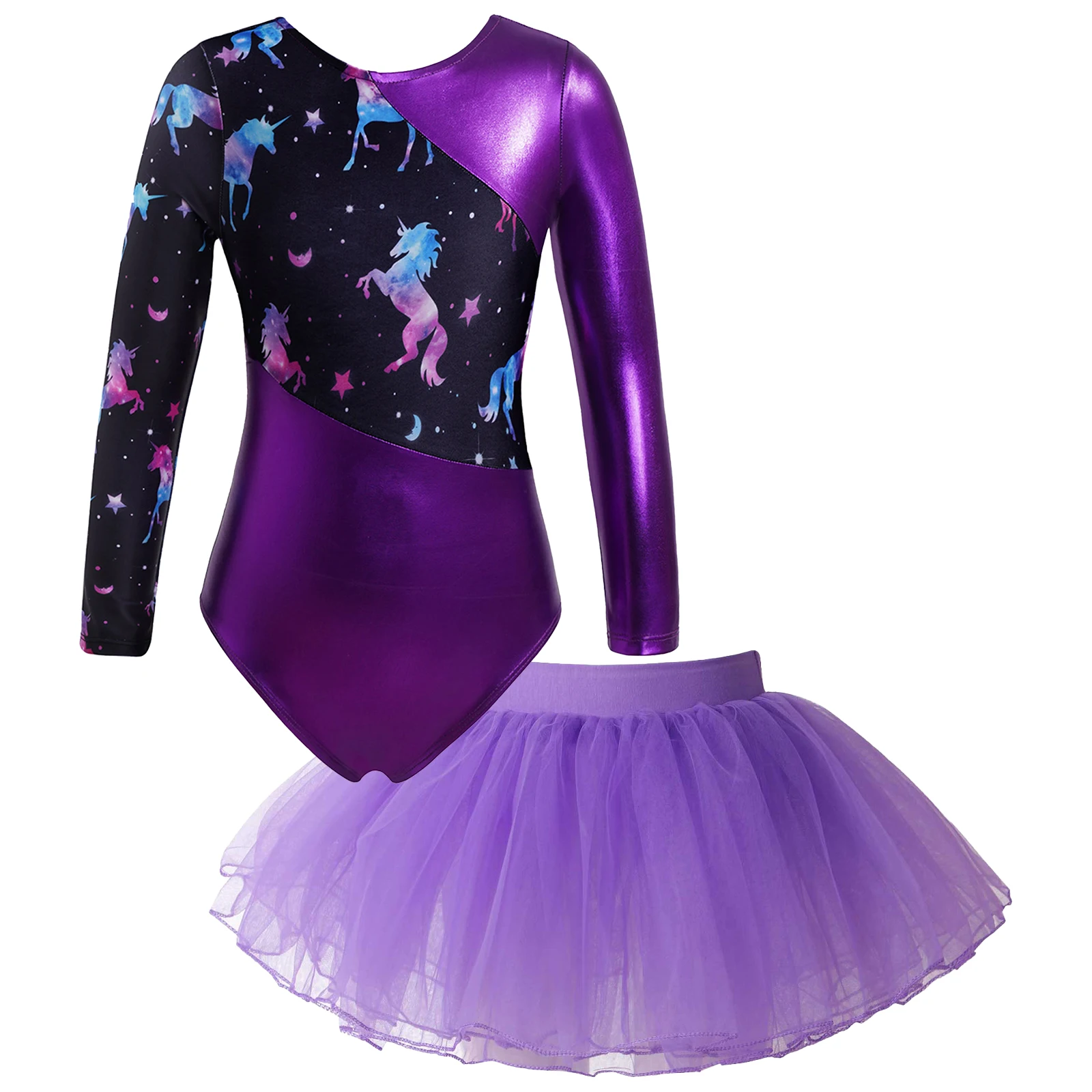 

Kids Girls Printed Long Sleeve Ballet Dance Dress Set 2 Pieces Gymnastic Leotard with Tutu Skirt Ballerina Costume Dancewear