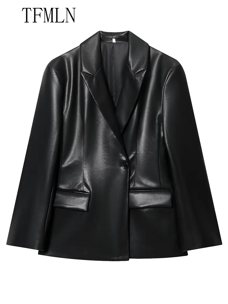 Fashion Women Slim Faux Leather Jackets 2025 Autumn Winter Notched Single Button Causal Chic Coats Full Sleeve Pockets Outwear