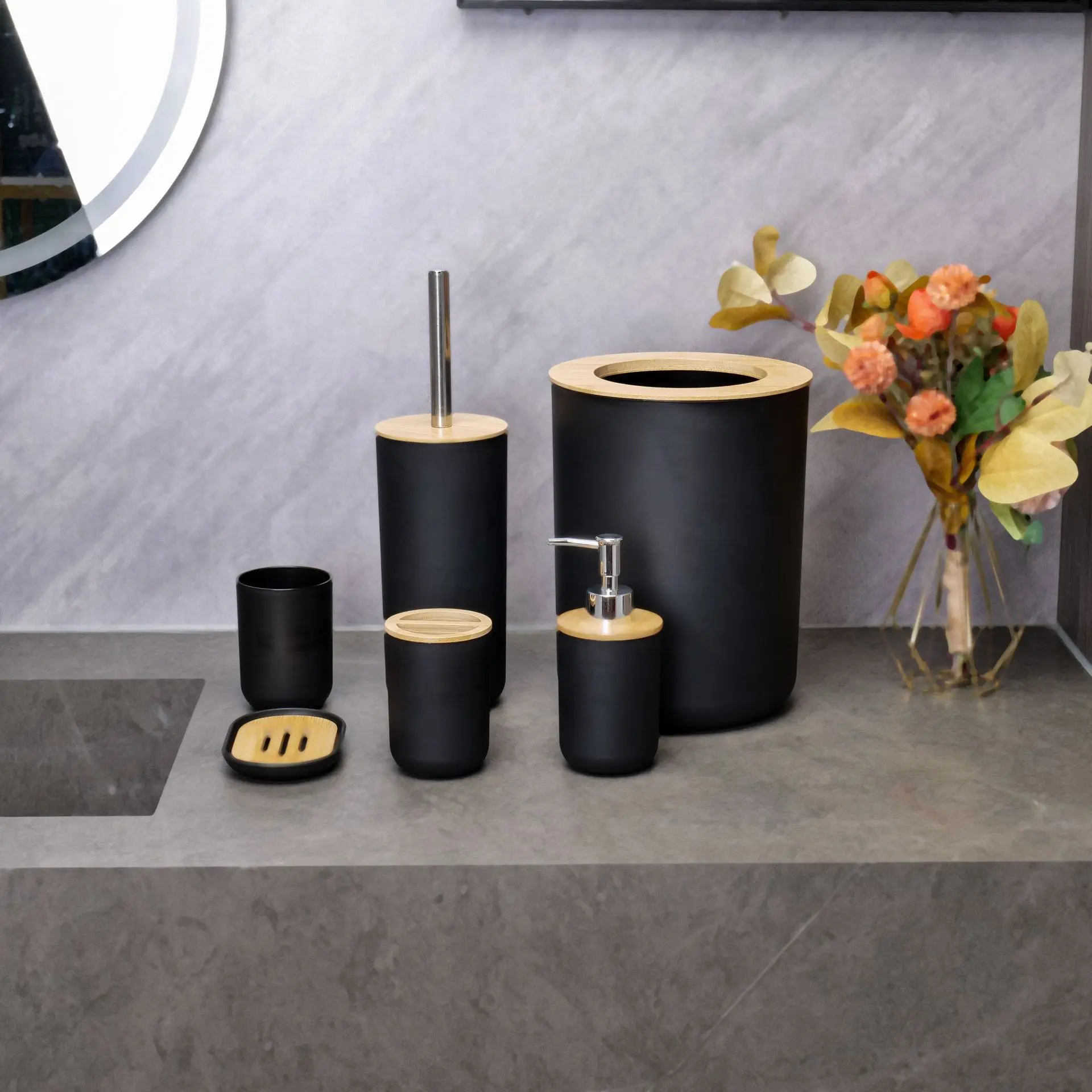 Bathroom Washing Bamboo Six-Piece Set Lotion Pump Toothbrush Cup Soap Box Trash Can