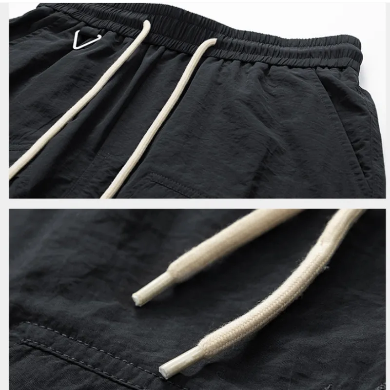 Summer Men's Clothing Bandage Solid Color Elastic High Waist Pockets Casual Loose Straight Knee Pants Preppy Style Shorts 6