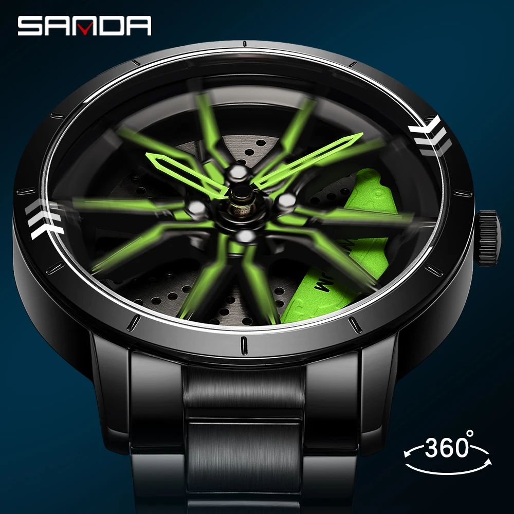 

Hot Sell Mens Watches Steel Waterproof for Mens Creative Fashion 360 Rotating Car Wheel Dial Quartz Wristwatch Relogio Masculino