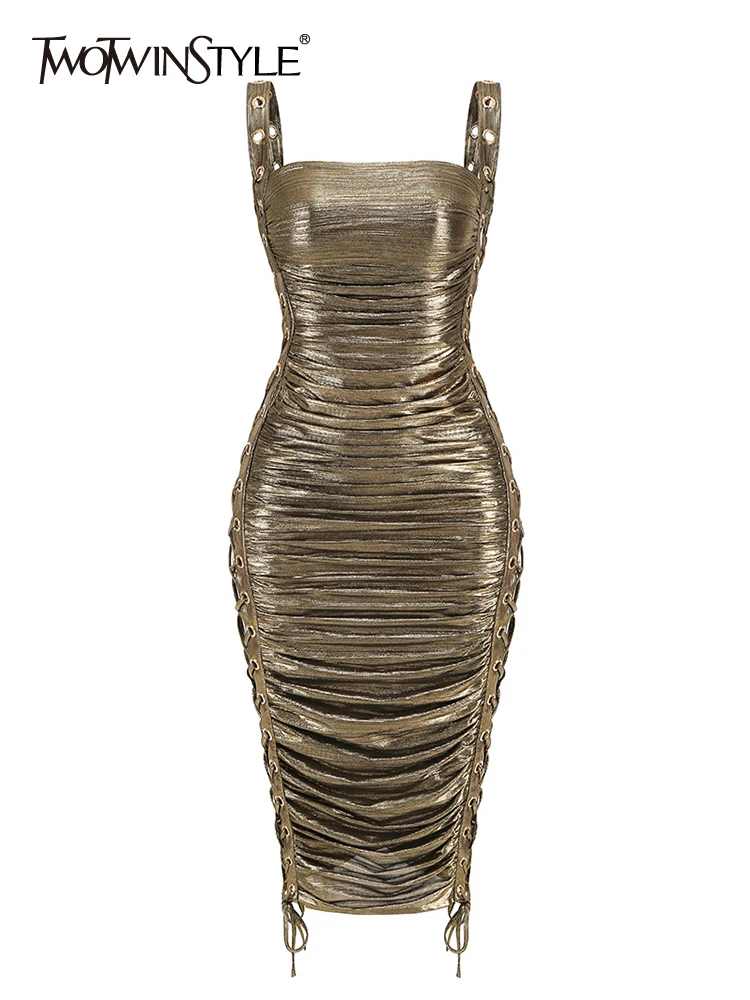 

TWOTWINSTYLE Crisscross Hollow Out Binding Slimming Sexy Dresses For Women Square Collar Sleeveless High Waist Dress Female 2023