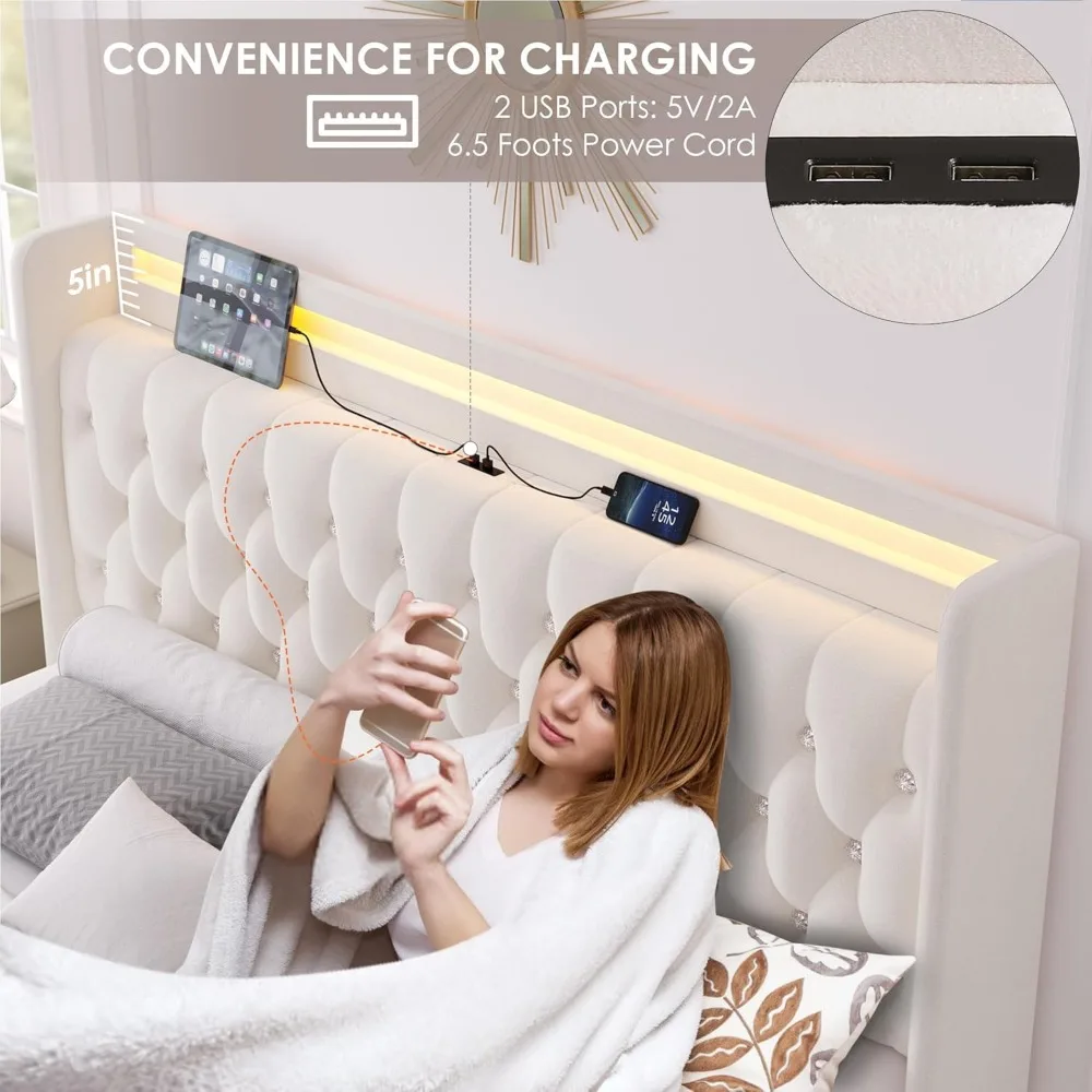 HIFIT Queen LED Bed Frame with Charging Station and 4 Storage Drawers, Velvet Upholstered Platform Bed with Handcrafted Crystal 5