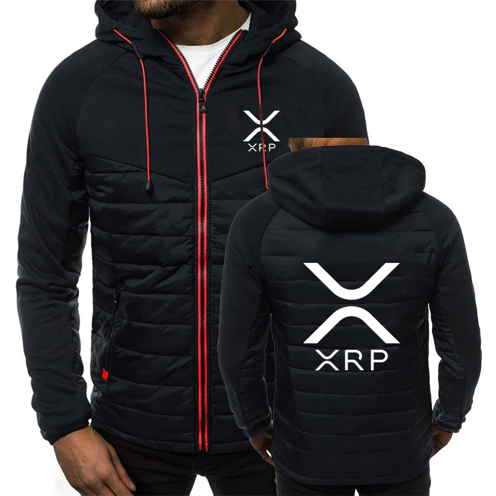 2025 Spring Autumn Men's Cryptocurrency Ripple XRP Logo Print Personality Solid Color Patchwork Long Sleeve Hooded Cotton Jacket 2