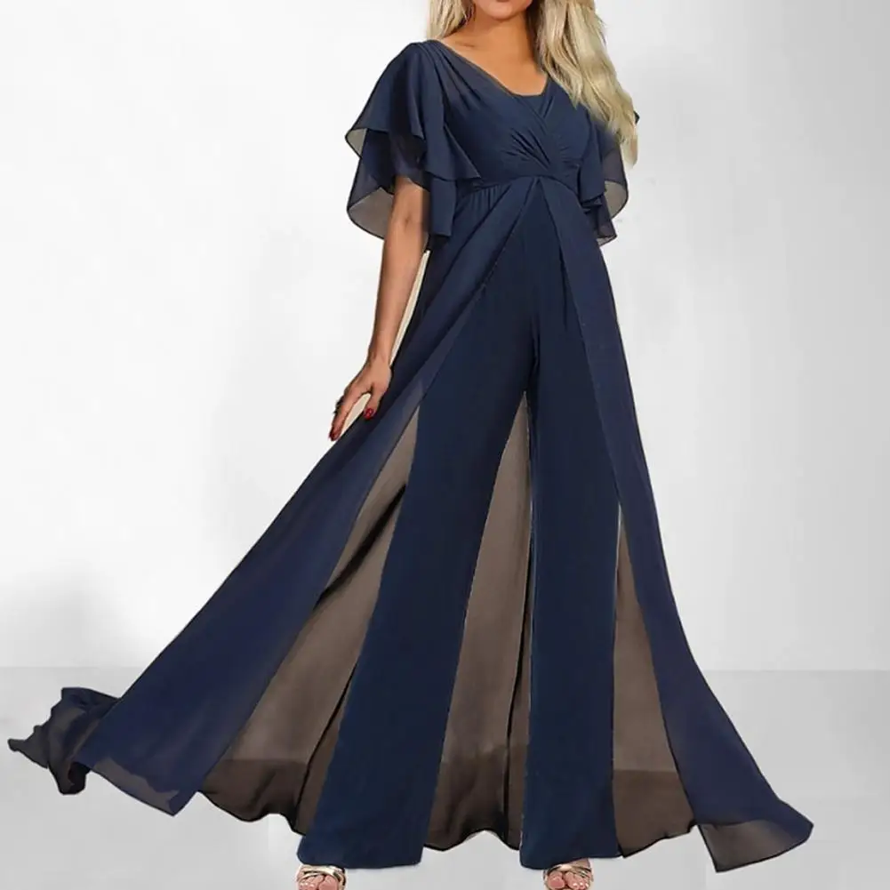 

Lady Breathable Jumpsuit Lady Prom Jumpsuit Elegant V-neck Jumpsuit with Wide-leg Hem High Waist See-through Back for Parties
