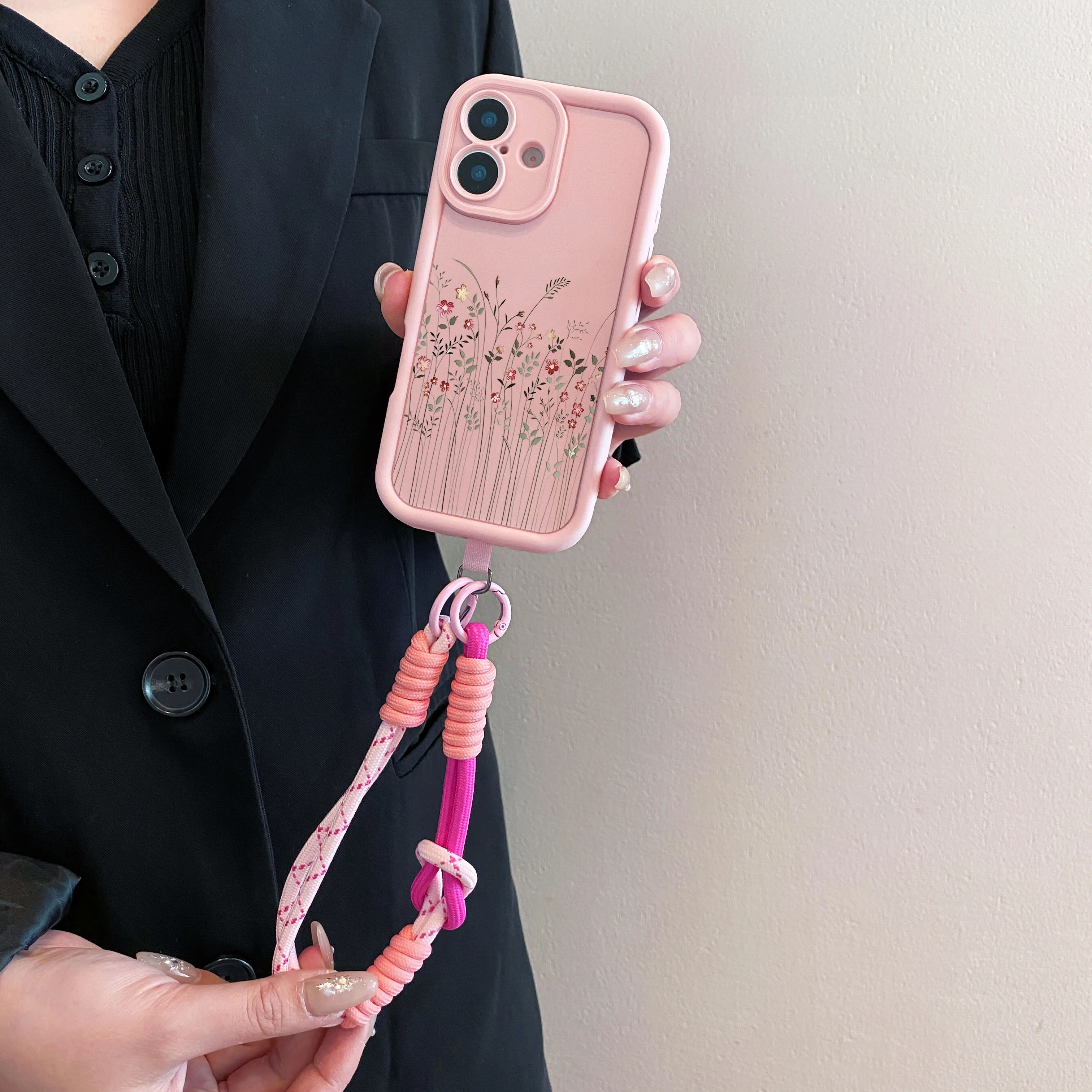 Floral Crossbody Lanyard Phone Case with Necklace Strap and Wrist Chain Cover
