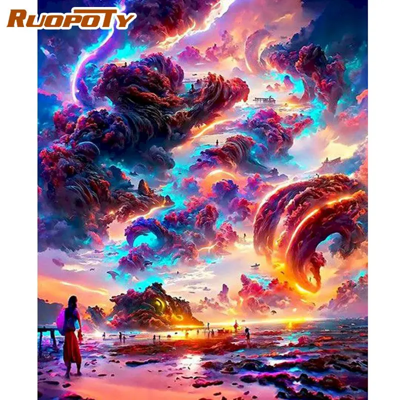 RUOPOTY Painting By Numbers With Frame Abstract Sky Landscape Acrylic Coloring On Numbers For Adults Diy Gift For Home Decors