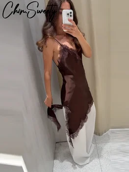 Vintage Brown Lace Patchwork Women Dress Sexy Sleeveless Backless Female Dresses 2025 Summer Autumn Party Lady Robe New 1