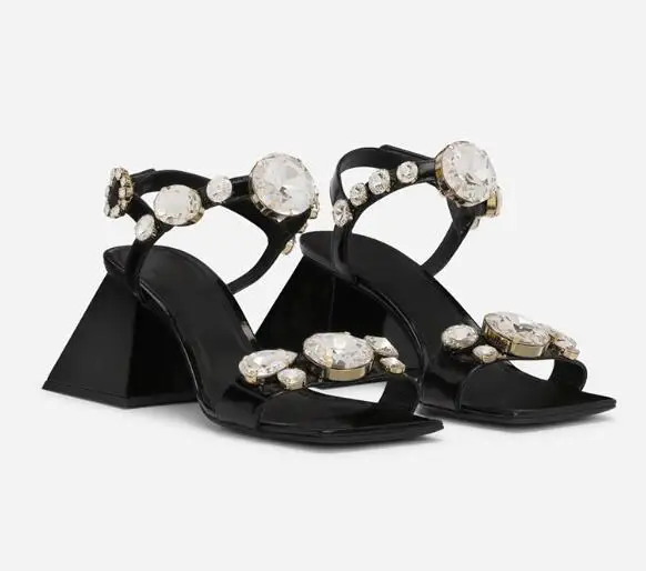 

Moraima Snc Open Toe High Heel Sandals Summer Rhinestones Ankle Strap Chunky Heels Pumps Women Dress Shoes