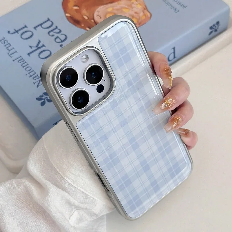 Retro Blue Sky Plaid Silver Edge TPU Anti-Drop Phone Case