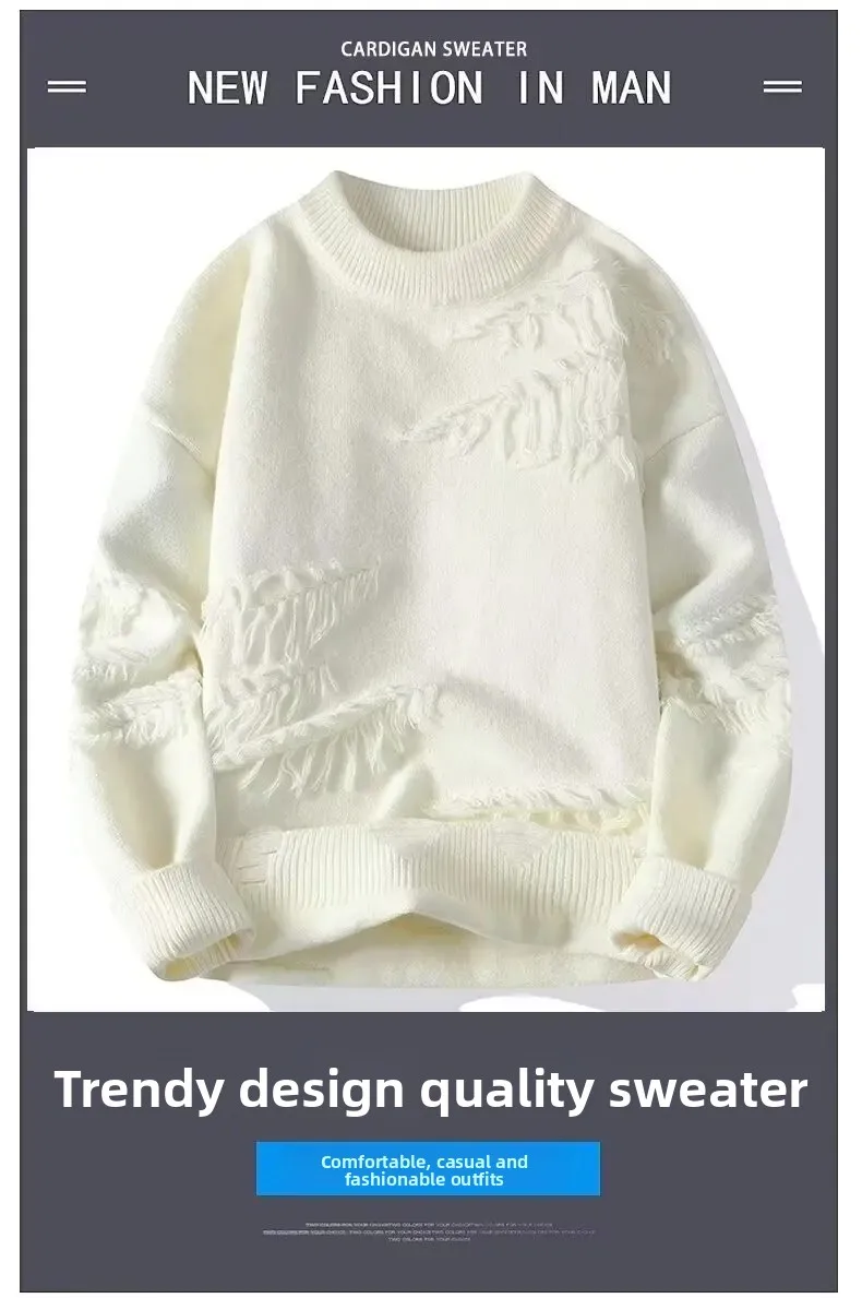 Pulls tricotés en polaire à manches longues et col rond pour hommes