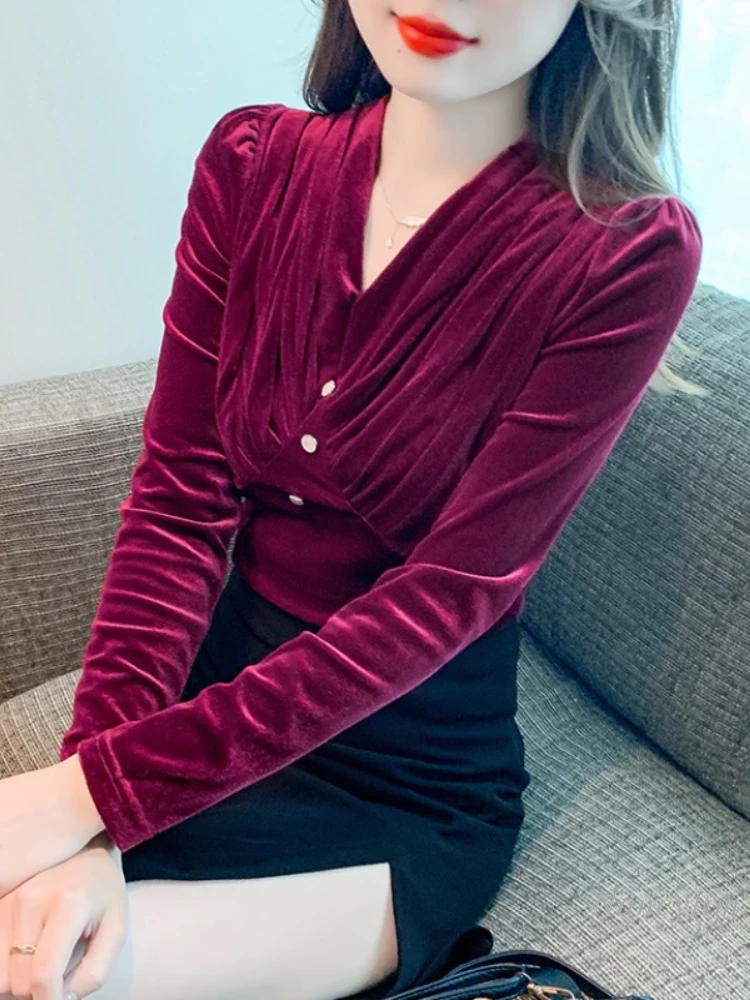 

European Fashion Velvet Shirt Women's Autumn and Winter Clothing 2023 New French Style V-neck Top High-End Underwear Blusas