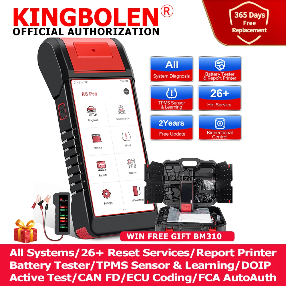 Kingbolen K6 Pro All System Strumento Diagnostico Per Auto 26 + Reset Obd2 Scanner Tpms Ecu Coding Doip Can Fd Battery Tester Con Stampante