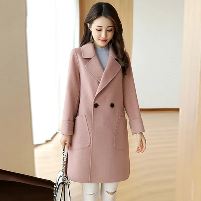 Women'S Woolen Jacket 2023 Autumn Winter Double Breasted Overcoat Plus Size Korean Long Sleeve Midi-Length Coat Loose Outwear