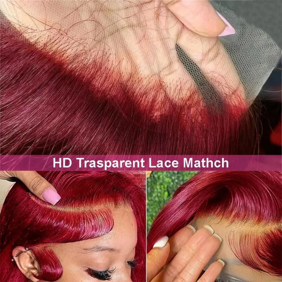 99J Burgundy Straight Human Hair Wigs 13X6 Hd Lace Frontal Wig Red Colored Preplucked Brazilian 250 Density For Women 30 36 Inch