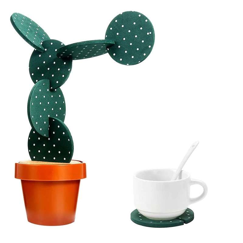 Cactus Shaped Coasters Cactus DIY Coasters Round Cup Coasters Table Decoration Heat Insulation Non Slip Creative Cup Pad E7CB