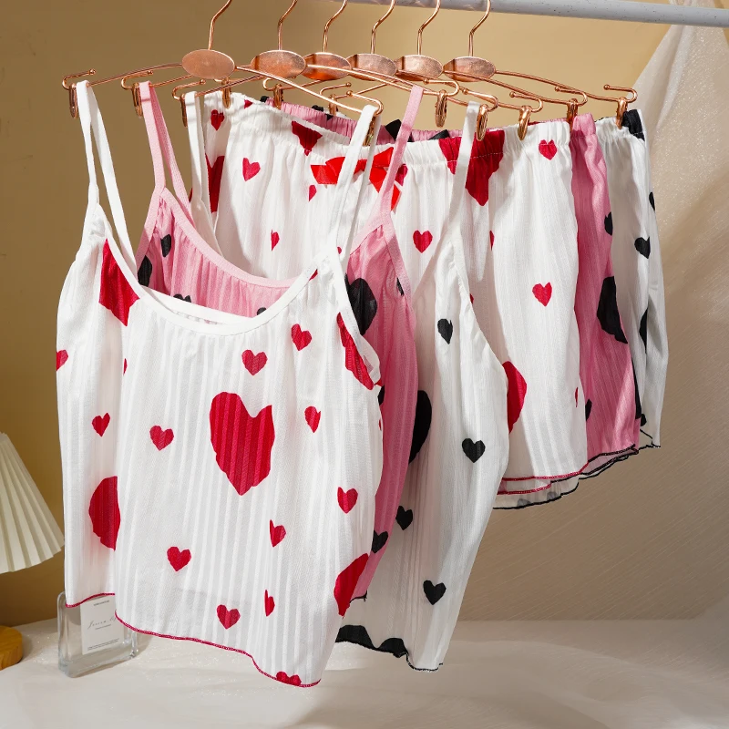 Women's Heart Print Pajama Set Sweet Sexy Suspender Top Shorts Casual Home Sleepwear Set Comfortable Cotton Loungewear