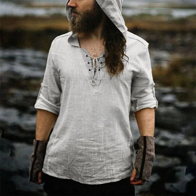 Summer Foreign Trade New Cross-border Cotton and Linen Long-sleeved Half-button V-neck Tie Collar Big Hooded Youth Shirt