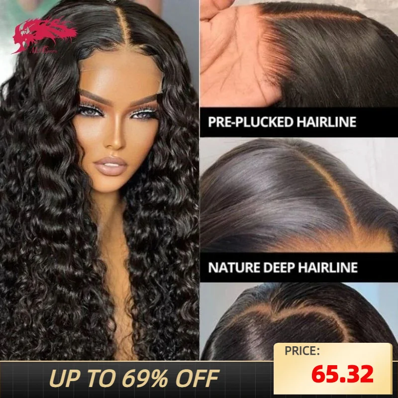 Ali Queen HD  6X6/7X7 Deep Wave Lace Closure Wigs Transparent 13X6 Front Human Hair Glueless Wig 180 Density