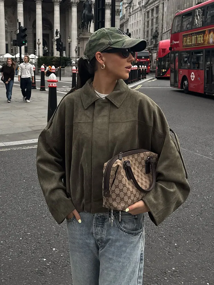 HH Autumn Women Loose Casual Suede Overcoat Jackets Vintage Solid Long Sleeve Zipper Bomber Jacket Fashion Lady Streetwear Coats