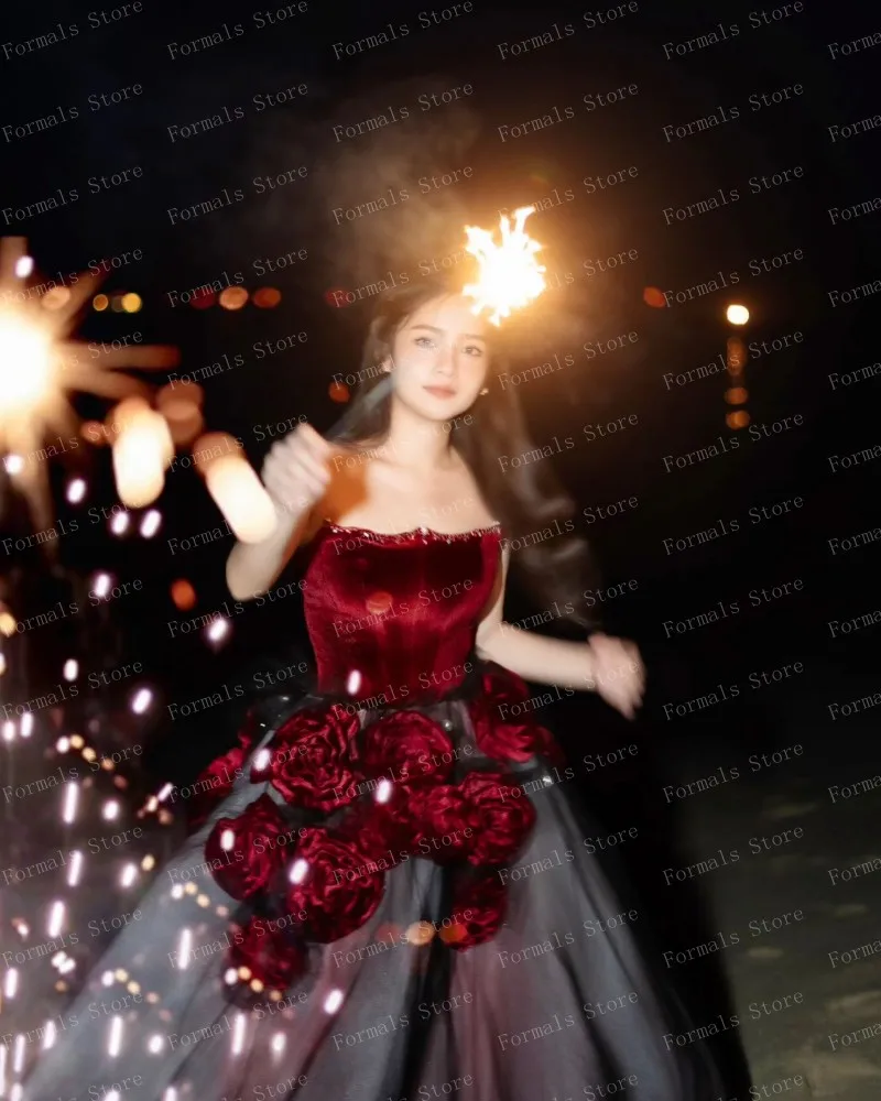 Sequins Beaded Red Black Tulle Dress Strapless Velvet Evening - Main Image