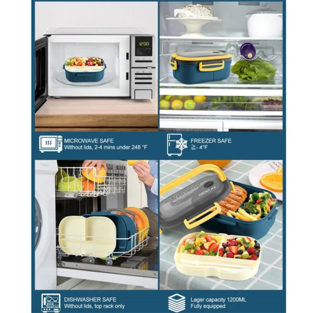 Boîte à lunch à bento portable étanche pour enfants, 2 couches, cuillère et fourchette, grande capacité, micro-ondes, camping, bureau, 1200ml 5