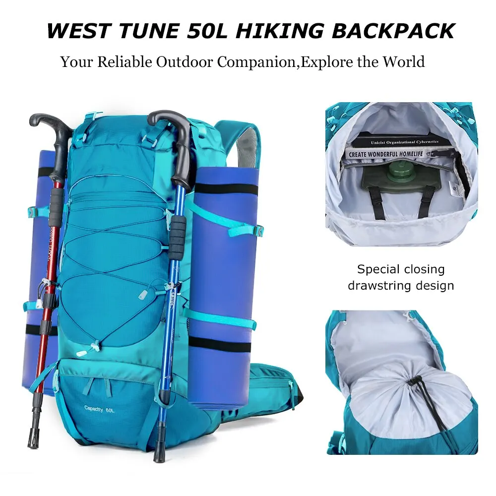 Mountaineering Backpack 50L WESTTUNE with Rain Cover for Travel Trekking Camping