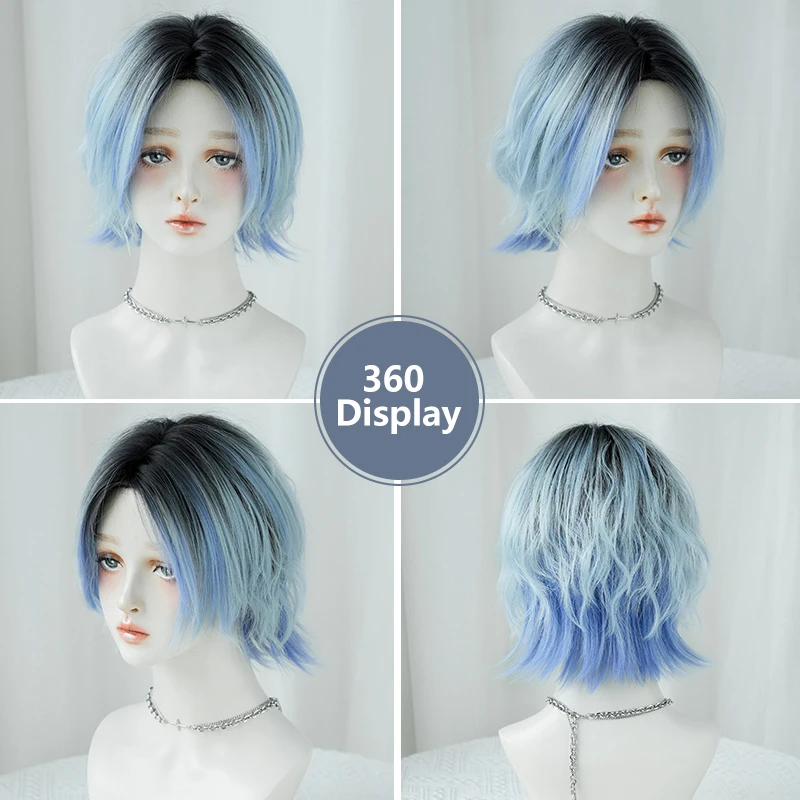 7JHH WIGS-Perruque Synthétique Courte Ombrée Bleue pour Fille, Cosplay, Haute Densité, Queue de Loup, Partie Moyenne Violette, Lolita