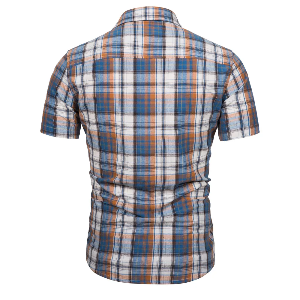 Men 100% Cotton Short Sleeve Plaid Shirt Summer Casual Social Business