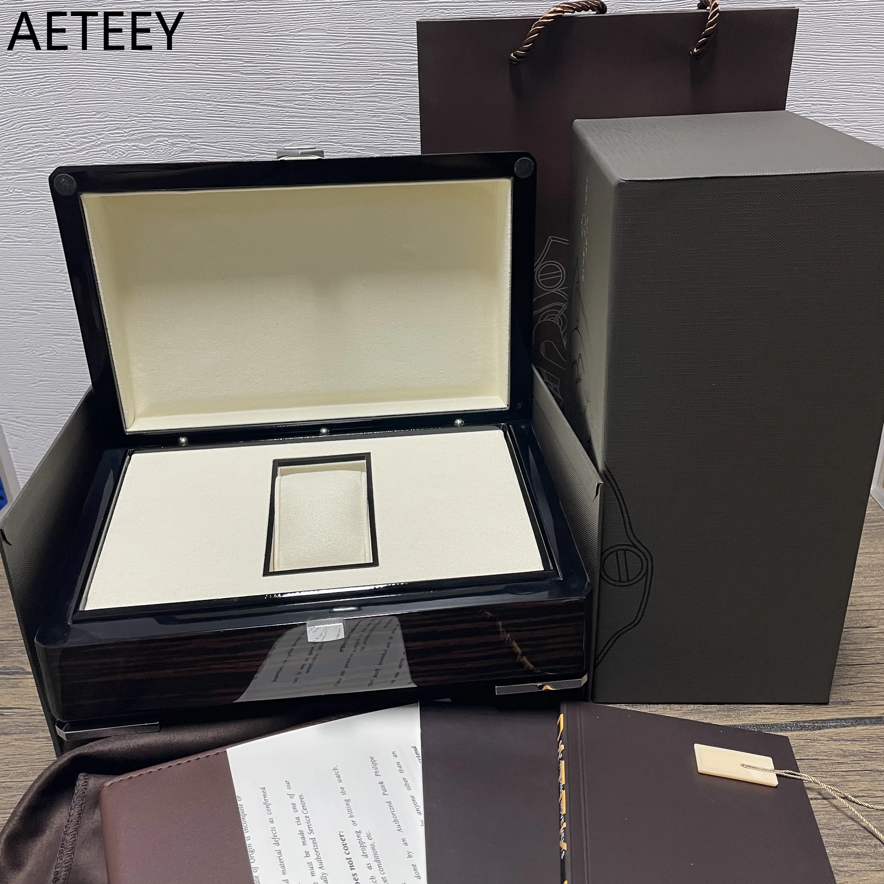 

Brown Wooden Watch Box with PP， Papers Card, Gift Case, Luxury Brand, Wholesale, Factory Outlet, AAA